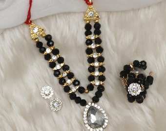 Handmade Krishna Idol Jewelry Set | Black Beads, Rhinestone Pendant, Earrings, Ring