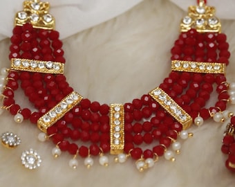 Handmade Red Beaded Krishna Mala Necklace for Laddu Gopal Puja Wear