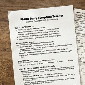 Op de afbeelding: Twee witte vellen papier met tekst, een pen en een paperclip op een houten oppervlak. De papieren zijn getiteld "PMDD Daily Symptom Tracker" en bevatten instructies en een symptoomvolgtabel.