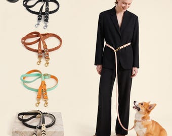 Hands Free Dog Leash Belt, Braided Leather Pet Leash, Adjustable Waist Leash for Walking Running Small Medium Dogs