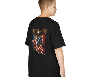 Camiseta infantil del 4 de julio: camiseta con águila patriótica, camiseta con la bandera estadounidense, conjunto con la frase "Dios bendiga a América, EE. UU."
