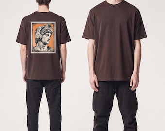 Classical Statue Head Graphic T-Shirt | Retro Orange Framed Art Tee | Vintage Pop Art Roman Sculpture Shirt | Aesthetic Streetwear Top