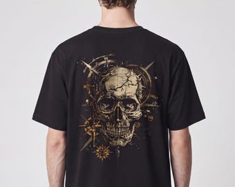 Gold Skull Compass T-Shirt | Nautical Steampunk Skull Tee