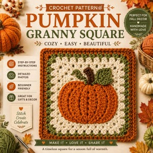 May include: A crochet pattern for a pumpkin granny square featuring text that reads CROCHET PATTERN PUMPKIN GRANNY SQUARE COZY EASY BEAUTIFUL. The square is orange, cream, and green with a central pumpkin motif, brown stem, and green leaf.