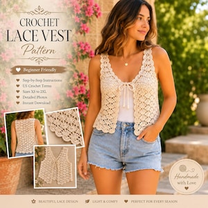 May include: A beige crochet lace vest featuring a scalloped edge, a V-neckline, and a front tie closure. The vest is displayed as a digital pattern advertisement with text including Crochet Lace Vest Pattern, Beginner Friendly, and US Crochet Terms.