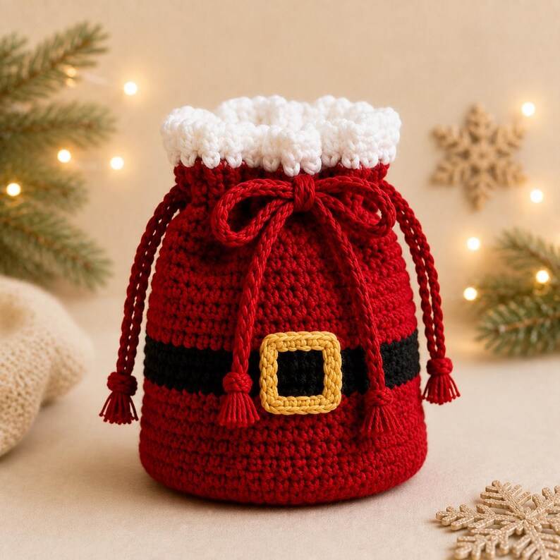 May include: A red crochet drawstring pouch featuring a white textured trim at the top, a black horizontal band across the center, and a yellow square buckle detail. The bag includes two long red braided cords with tassels for closure and carrying.