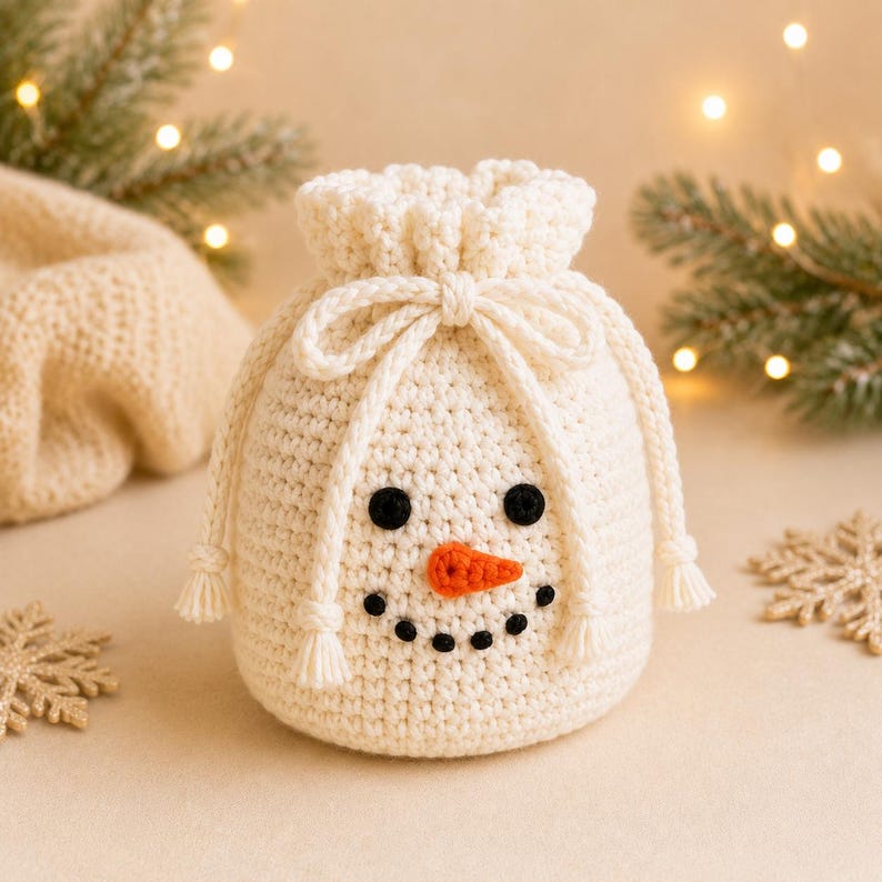 May include: A cream-colored crochet drawstring pouch designed to resemble a snowman. The pouch features two black circular eyes, a small orange carrot-shaped nose, and a curved mouth made of five tiny black dots, with a tied cord closure.