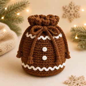 May include: A brown crochet drawstring pouch designed to resemble a gingerbread person. The bag features white wavy trim at the top and bottom, two white circular buttons in the center, and a matching brown braided drawstring with tassels.