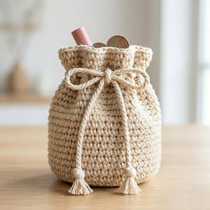 Puede incluir: Un monedero de ganchillo beige con cierre de cordón, lazo y borlas. La bolsa contiene monedas y un lápiz labial. La bolsa hecha a mano está sobre una superficie de madera.