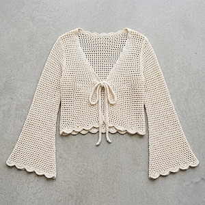 Mönster för virkad topp med klockärm, kofta med knytning framtill i nät, kort sommaraxelband, bohemisk sommaraxelband i nät, topp med klockärm och knytning framtill, axelband i PDF-format