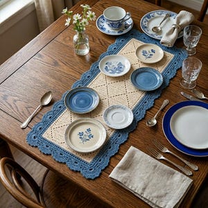 Puede incluir: Una mesa de comedor con un camino de mesa de ganchillo color crema con borde festoneado azul. Varios platos, platillos y una taza de té de cerámica azul y blanca están dispuestos sobre el camino de mesa, junto con cubiertos, vasos y un pequeño jarrón de flores.