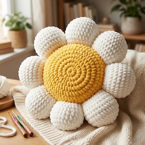 May include: A handmade, daisy-shaped pillow with a yellow center and white petals. The pillow is made of soft, textured yarn, and is placed on a cream-colored knitted blanket. Crochet hooks and yarn are visible.
