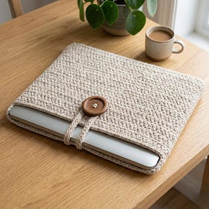 May include: A beige crocheted laptop sleeve with a wooden button closure. The sleeve is made of a textured yarn and is designed to fit a laptop. A cup of coffee and a small potted plant are in the background.