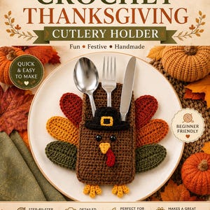 May include: A crochet pattern for a Thanksgiving cutlery holder shaped like a turkey. The design features a brown turkey body with colorful tail feathers, a black hat, and a yellow beak. The pattern includes text: CROCHET THANKSGIVING CUTLERY HOLDER.