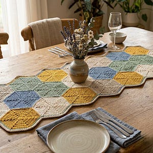 Puede incluir: Un camino de mesa de ganchillo hecho a mano y colorido con un patrón de panal. El camino de mesa presenta formas hexagonales en tonos de amarillo, azul, verde y beige. Un jarrón con flores se encuentra sobre el camino de mesa, junto con un plato, cubiertos y una servilleta sobre una mesa de madera.