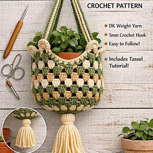 May include: A crochet plant hanger in a granny stitch design, with green, beige, and tan squares. It has a tassel and is suspended by a woven cord. The text "Granny Stitch Plant Hanger CROCHET PATTERN" is visible. The pattern uses DK weight yarn.