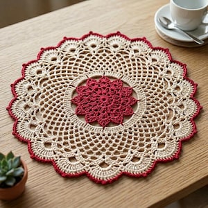 May include: A handmade, cream crochet doily with a red scalloped edge and a red floral centre. The doily is circular and features an open, lacy design. This decorative piece is suitable for home decor.
