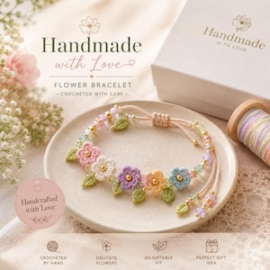 May include: A delicate bracelet featuring crocheted pastel flowers in pink, white, purple, orange, and blue, accented with small green crocheted leaves and translucent beads. The bracelet has an adjustable cord closure and gold-tone centers.