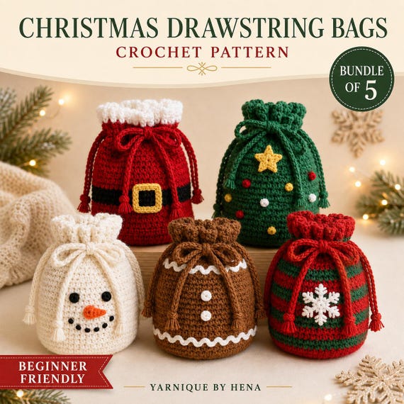 5-in-1 Christmas Drawstring Gift Bag Crochet Pattern Bundle, Santa Snowman Tree Gingerbread Snowflake PDF, Thanksgiving Crochet Bundle PDF