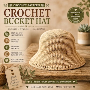 Może przedstawiać: Beżowy szydełkowany kapelusz typu bucket hat o teksturowanym wzorze ściegu z szerokim rondem. Obraz zawiera tekst: CROCHET BUCKET HAT, STEP-BY-STEP INSTRUCTIONS, DETAILED PHOTOS, BEGINNER FRIENDLY, PERFECT FOR SUMMER STYLE, MAKES A GREAT HANDMADE GIFT.