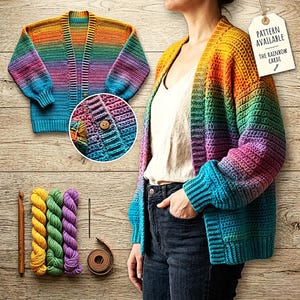 Peut inclure: Un cardigan crocheté fait main aux couleurs de l'arc-en-ciel avec une fermeture boutonnée. Le cardigan présente un dégradé de couleurs, du jaune au bleu. L'image montre également de la laine, un crochet, une aiguille et un mètre ruban. L'étiquette indique "PATTERN AVAILABLE THE RAINBOW CARDI".