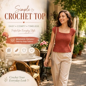 May include: A rust-coloured crochet top with a square neckline and short sleeves, worn with beige trousers. The image includes text: Simple CROCHET TOP, EASY COMFY TIMELESS, Perfect for Everyday Style, BEGINNER FRIENDLY Step-by-Step Pattern.