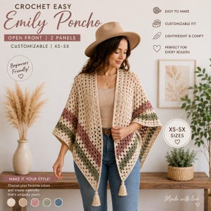 May include: A crochet poncho featuring an open front design with two panels, crafted in a cream-colored yarn with horizontal stripes in muted green and dusty rose. The garment includes decorative tassels at the bottom corners and is sized XS-5X.