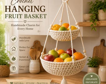 Crochet Hanging Fruit Basket Pattern, 2 Tier Hanging Basket, Kitchen Produce Storage PDF, Crochet Fruit Basket Hanger