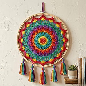 May include: A vibrant, handmade crochet mandala wall hanging. The circular design features concentric rings of rainbow colors, framed by a wooden hoop. Six colorful tassels hang from the bottom. A decorative piece for a bohemian or eclectic home.