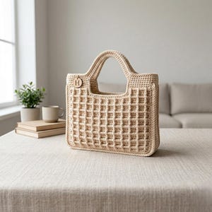 May include: A beige crochet tote bag with a waffle-like pattern. The bag has a rectangular shape with a handle and a wooden tag with the letter "H". The bag is sitting on a table.