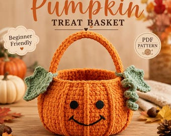 Crochet Pumpkin Basket Pattern, Halloween Treat Basket, Chunky Pumpkin Candy Bucket, Fall Decor Basket, Jack O Lantern Basket PDF