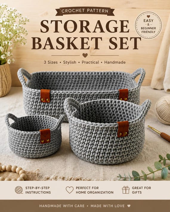 Modern Crochet Basket Pattern PDF, Storage Basket Crochet Pattern, Rope Basket Pattern, Nesting Basket, Home Organizer Basket