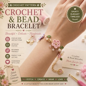 May include: A crochet and bead bracelet featuring small pink and white flowers, green leaves, and clear beads on a gold-tone chain. The bracelet includes a heart-shaped charm at the end of the adjustable chain and is presented with instructional text.
