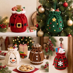 May include: A collection of five crocheted drawstring pouches featuring holiday themes: a red Santa suit, a green Christmas tree with a yellow star, a white snowman, a brown gingerbread person, and a red and green striped bag with a white snowflake.