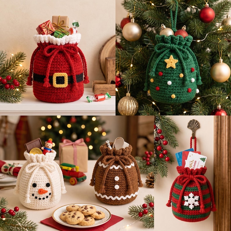 May include: A collection of five crocheted drawstring pouches featuring holiday themes: a red Santa suit, a green Christmas tree with a yellow star, a white snowman, a brown gingerbread person, and a red and green striped bag with a white snowflake.