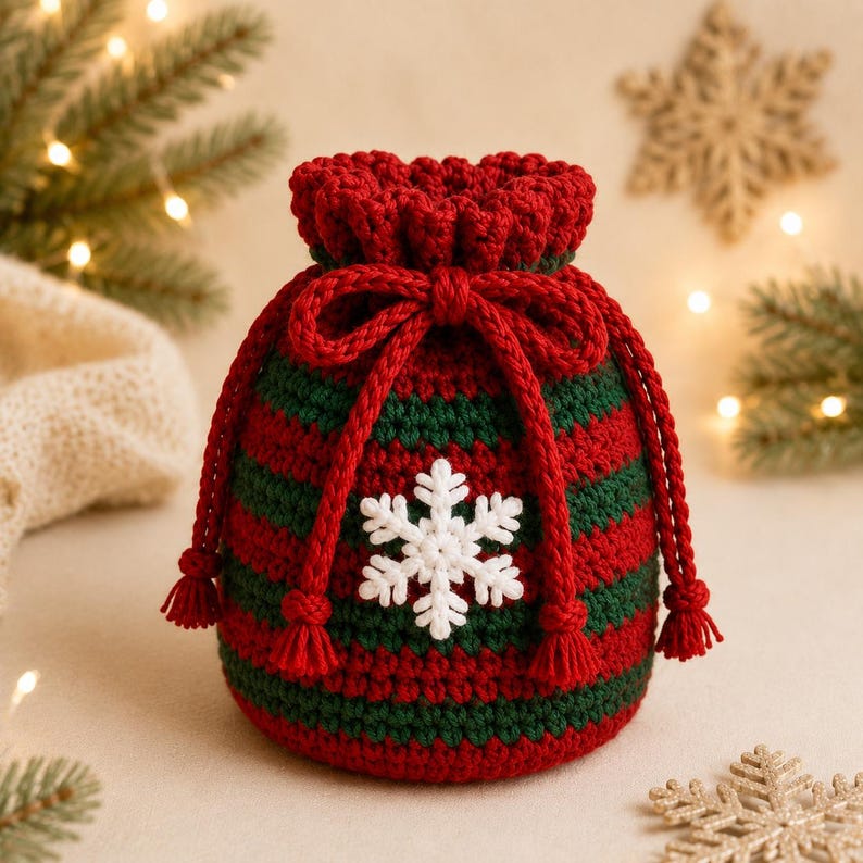 May include: A crochet drawstring pouch featuring horizontal red and dark green stripes. The bag is cinched at the top with a red braided cord ending in small tassels. A white crocheted snowflake applique is centered on the front of the pouch.