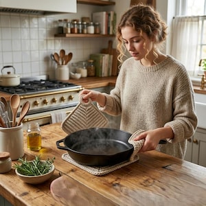 May include: A woman in a beige sweater holds a black cast iron skillet with steam rising from it. She is using beige crocheted pot holders. The kitchen has wooden shelves, a gas stove, and a wooden countertop.