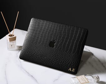 Black Crocodile Embossed Leather MacBook Case With Gold Foil, Cover for MacBook Air Pro 13 14 15 16 inch, 2026 MacBook Neo A18 Pro A3404