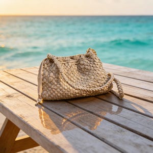 May include: A woven beige handbag with a drawstring closure and rope handles sits on a wooden picnic table. The bag is made of a natural fiber material. The background features a turquoise ocean and a golden sunset.