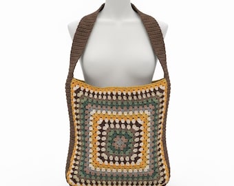 Granny bag - warm colors - 44x44x9cm + shoulder strap and brown drawstring satchel strap