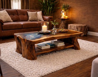 Mesa de centro Walnut River – Mesa de madera maciza con borde natural y resina epoxi.