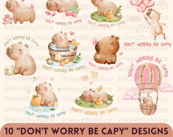 Dont Worry Be Capy PNG Bundle 10 Designs Vol1, Cozy Capybara Clipart, Cute Animal PNG, Sublimation Design, Cricut, Instant Download