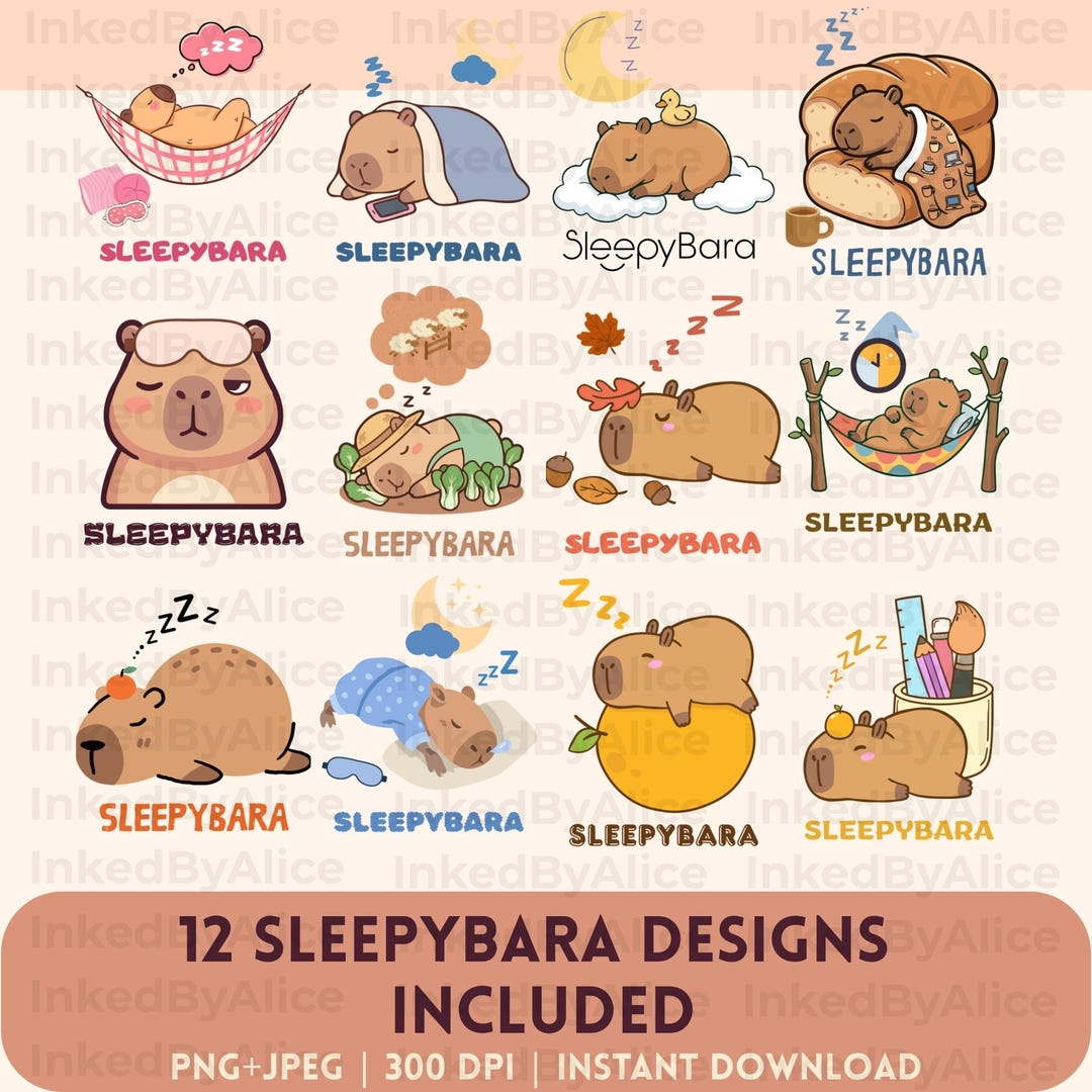 Sleepy Capybara PNG Bundle 12 Designs Vol1, Cute Sleeping Capybara ...