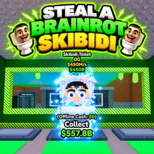Op de afbeelding: Een digitale spelinterface getiteld Steal A Brainrot Skibidi met een centraal oplichtend blok-stijl personage in een toilet, omringd door tekst waaronder Skibidi Toilet OG, $450M/s, $450B, Offline Cash: $0, en Collect $557.8B met een Top Earners bord.