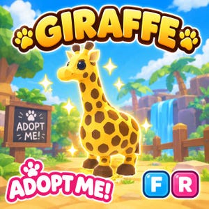 May include: A stylized yellow and brown giraffe character with large black eyes, surrounded by sparkling star icons. A wooden sign displays the text ADOPT ME! with a paw print. The word GIRAFFE appears at the top, and ADOPT ME! at the bottom.