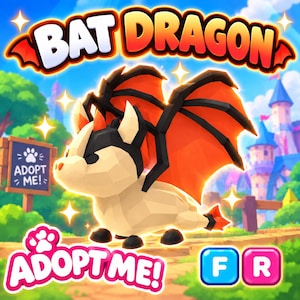 Könnte beinhalten: Eine Low-Poly-Bat-Dragon-Kreatur mit cremefarbenem Körper, schwarzen Akzenten und leuchtend orangefarbenen Flügeln. Das Bild enthält den Text BAT DRAGON, ADOPT ME! sowie zwei blaue und rosa Quadrate mit den Buchstaben F und R.