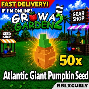 Könnte beinhalten: Eine digitale Grafik für Growa Garden 2 mit einem blockartigen orange-grünen Kürbissamen-Symbol, dem Text 50x Atlantic Giant Pumpkin Seed und zwei hölzernen Marktständen mit Figuren vor einem grünen Feld und blauem Himmel.