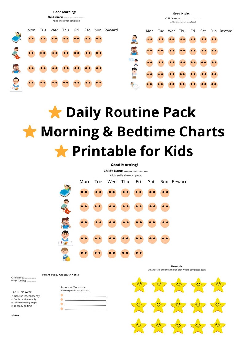 Morning Task Chart Printable Kids Routine Chart Printable | Morning & Bedtime Schedule for Preschool ...