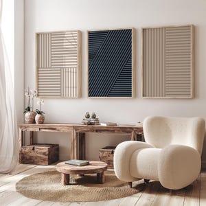 Conjunto de 3 láminas de arte mural lineal moderno, estampado geométrico en azul marino y gris topo, decoración minimalista de líneas abstractas, arte contemporáneo (descarga digital).