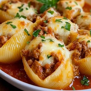 Peut inclure: Grosses coquilles de pâtes farcies d'un mélange de viande hachée, recouvertes de fromage blanc fondu et d'une sauce tomate rouge vive. Le plat est garni d'herbes vertes fraîches, créant un aspect texturé avec du fromage doré et brun.